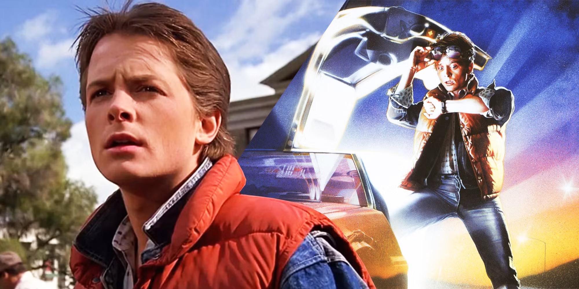 Michael J. Fox as Marty McFly in the 1985 movie Back to the Future, wearing his iconic red vest and standing beside the DeLorean time machine.