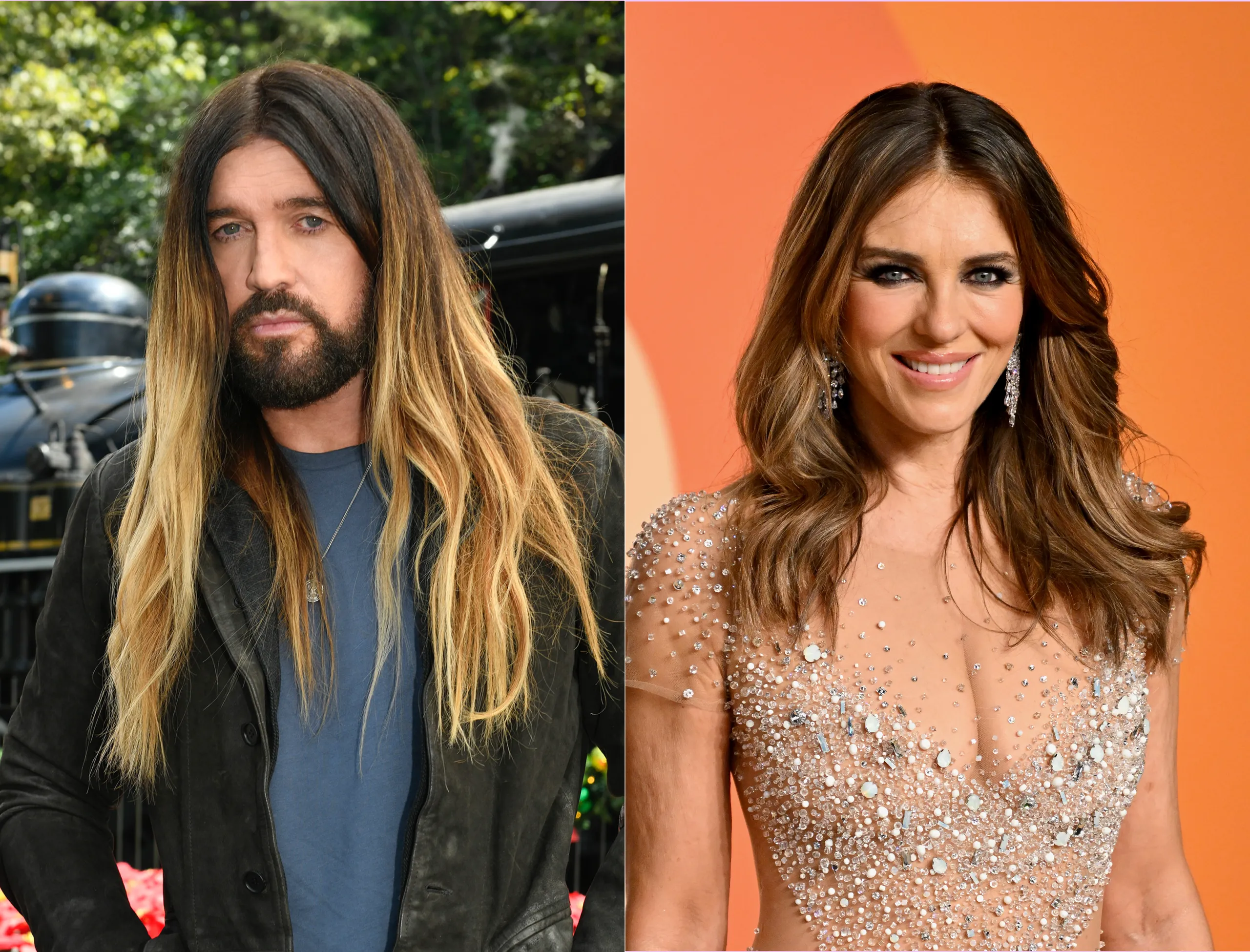 Side-by-side image of Billy Ray Cyrus and Elizabeth Hurley smiling separately, symbolizing their ongoing romance and growing bond between the country star and the British actress.