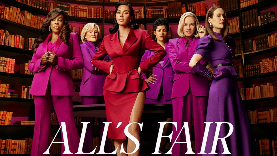 Official poster for Hulu’s All’s Fair featuring Kim Kardashian and the main cast, showcasing a glamorous courtroom drama setting.