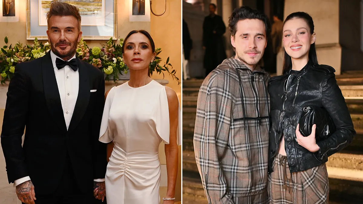 50/50 split image contrasting Beckham family dynamics: Left side shows Sir David and Lady Victoria Beckham beaming together at his November 2025 knighthood ceremony in formal attire; right side features Brooklyn Beckham and Nicola Peltz Beckham in casual poses, highlighting the reported rift.