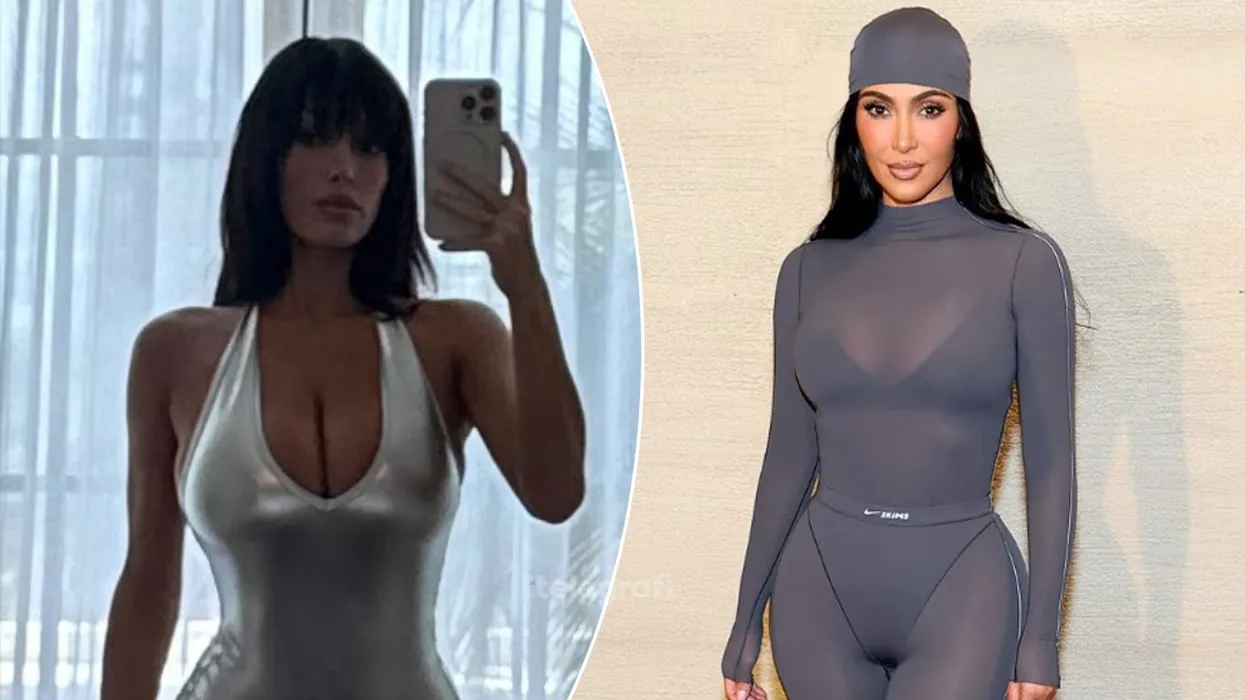 Split image showing Bianca Censori and Kim Kardashian side by side, each wearing their signature shapewear srcs, highlighting the contrast between their brands.