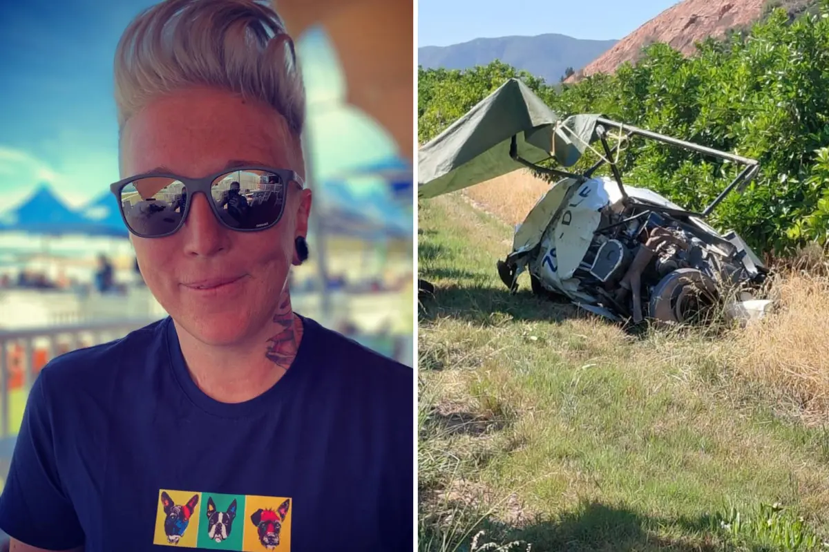 Split image of Mynie Steffens smiling warmly on one side and the wreckage of her crashed helicopter on the other.