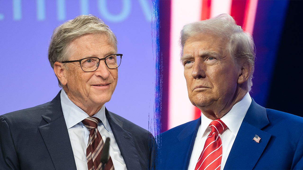 Split image of Bill Gates speaking at a podium on the left and President Donald Trump at a rally on the right.