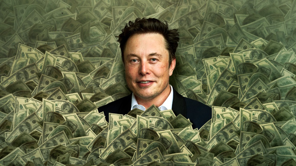 Elon Musk's grinning face emerges from a towering pile of dollar bills, evoking his $1 trillion Tesla pay package.