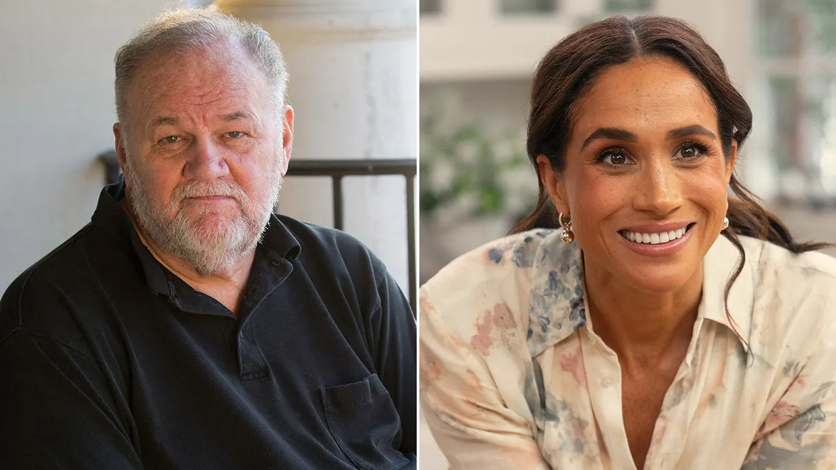 Split image showing Thomas Markle in hospital and Meghan Markle at a public event, highlighting the estranged father-daughter relationship amid his critical condition.