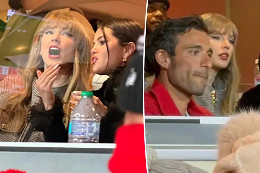 Taylor Swift and Selena Gomez bundled up in designer coats, sitting in the stands at Arrowhead Stadium, cheering on Travis Kelce and the Kansas City Chiefs.