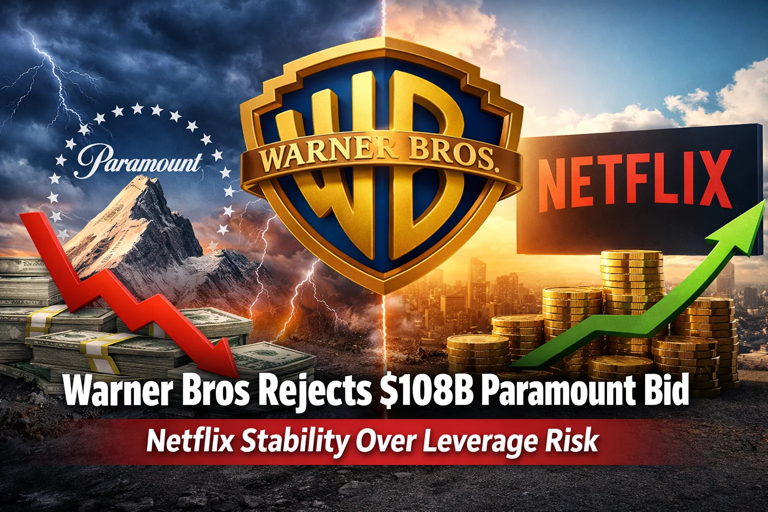Warner Bros and Netflix logos dominate a corporate finance landscape, with Paramount in the background. Visual elements represent the $108B acquisition, leverage risk, and boardroom decision-making in media M&A.