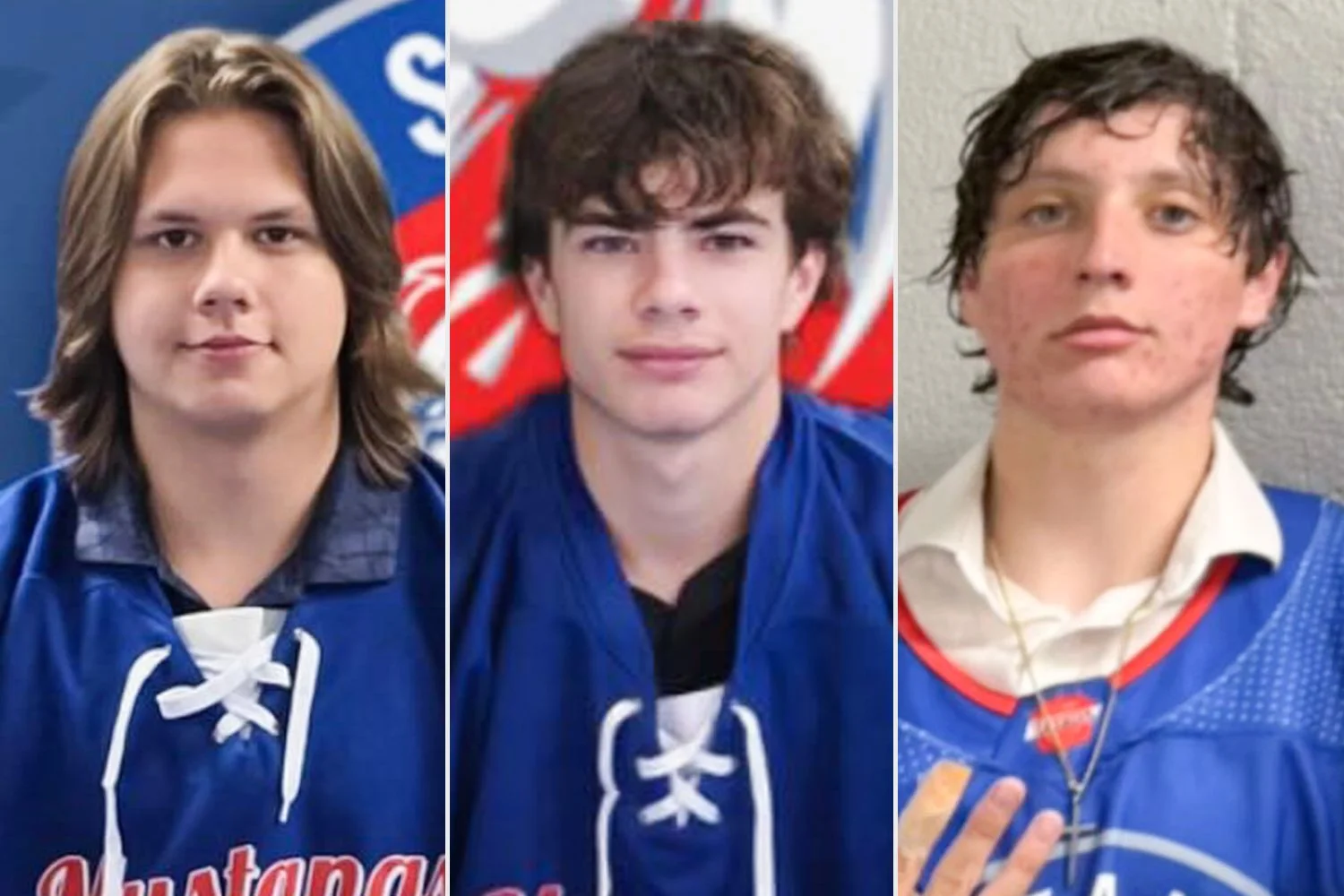 JJ Wright, Cameron Casorso, and Caden Fine, three Southern Alberta Mustangs hockey players, tragically killed in a Highway 2 car crash.