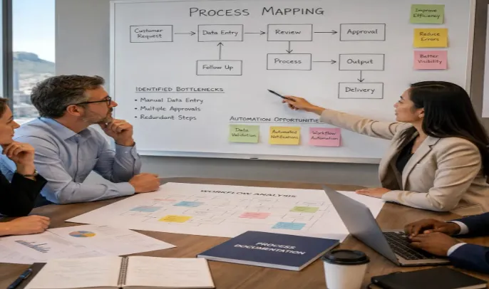Business team mapping workflows before AI implementation