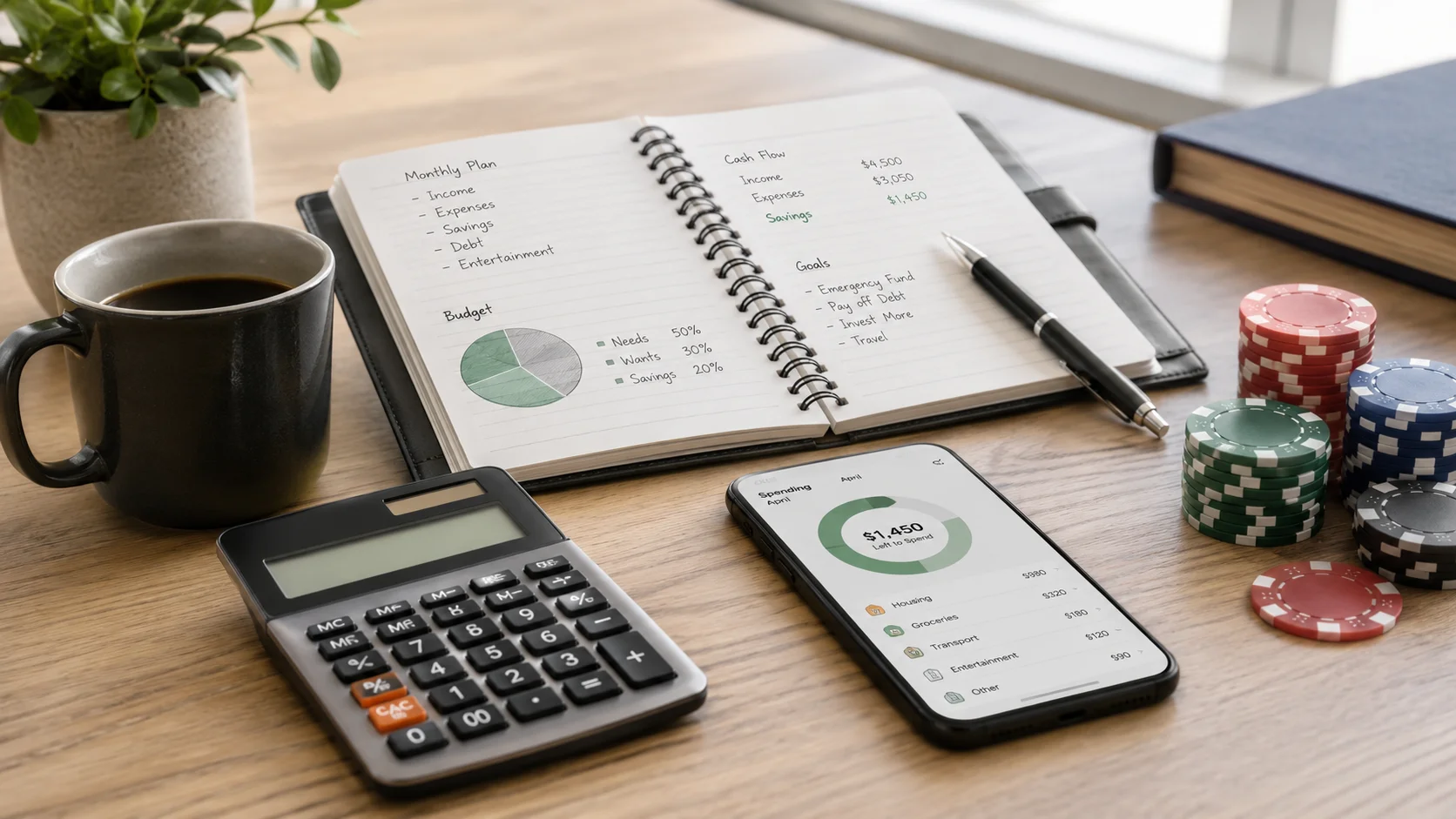 Casino chips beside a calculator and notebook representing bankroll strategy and money management