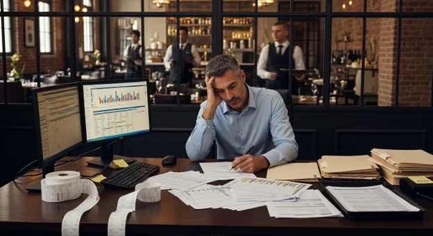 Restaurant finance manager reviewing payroll and sales reports in a busy restaurant office.