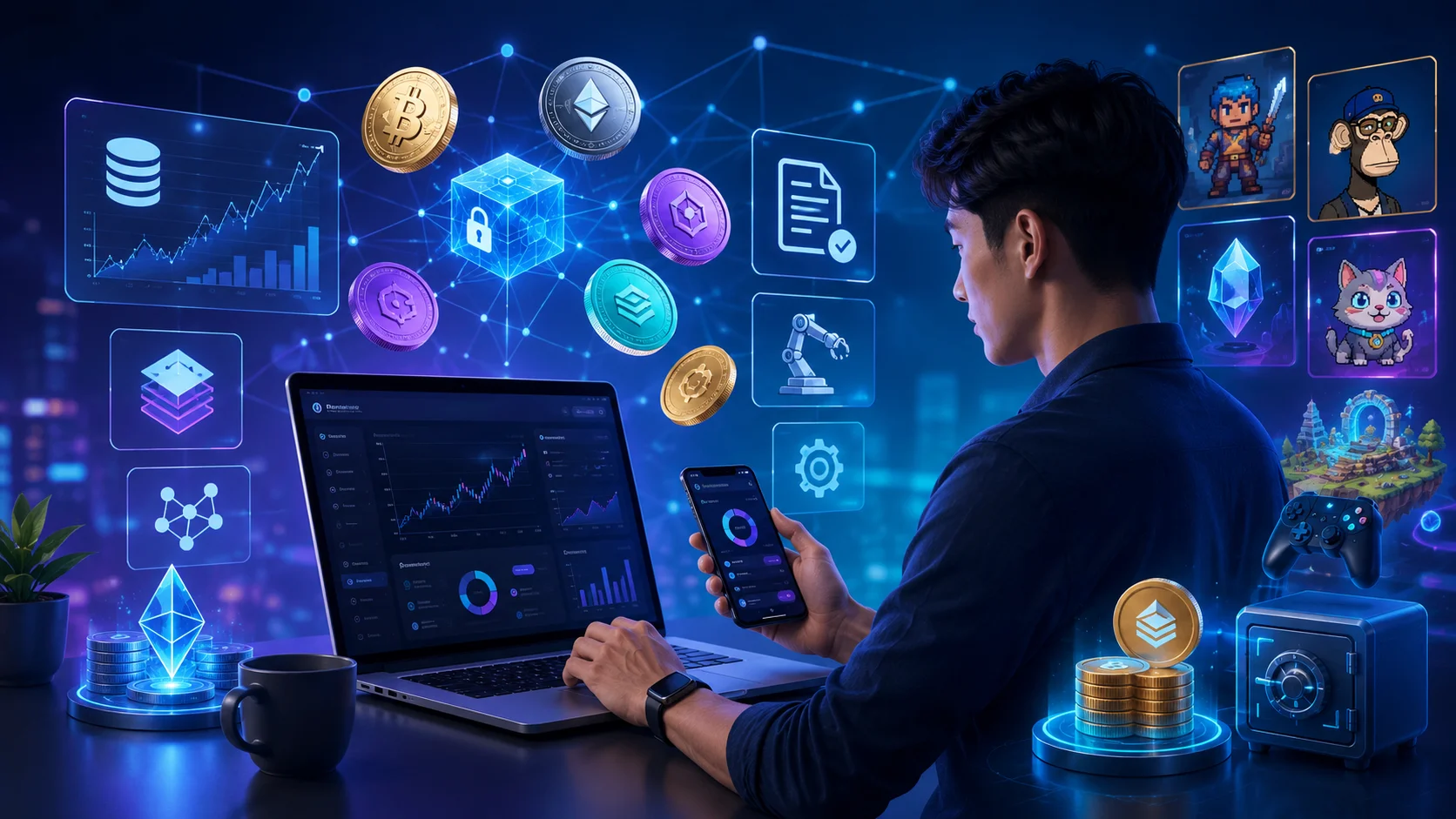User exploring Web3 cryptocurrency earning tools through DeFi, staking, NFTs and blockchain gaming.
