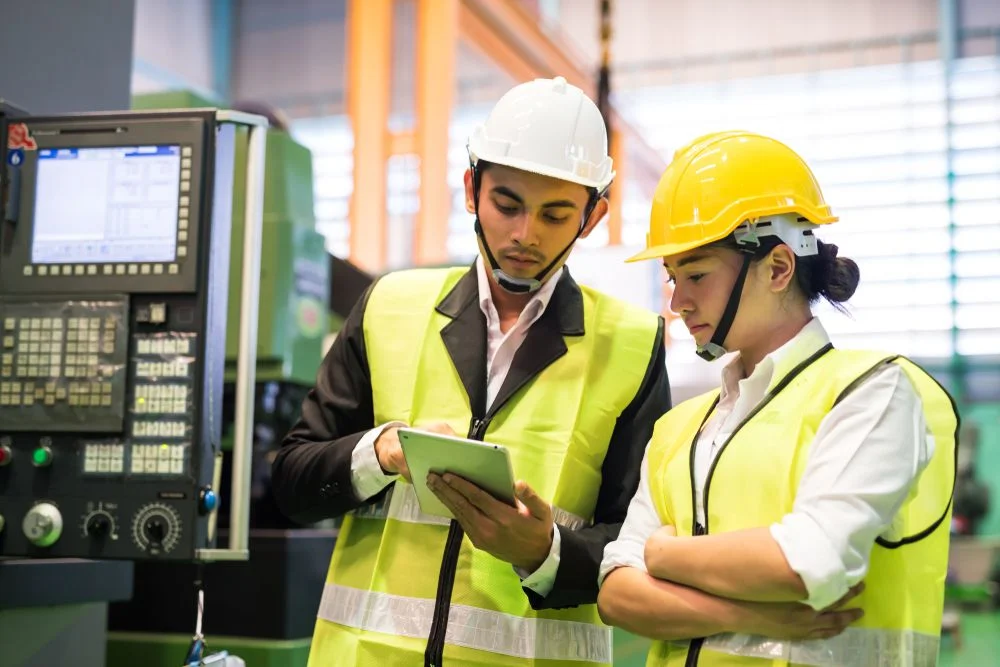 Safety manager reviewing workplace safety measures including PPE, signage and floor markings