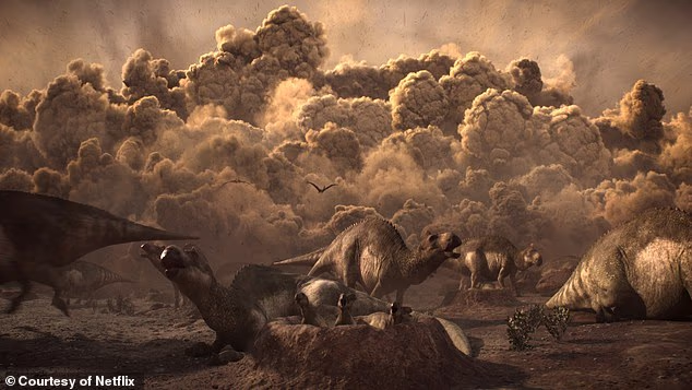 According to their research, a cloud of dust from the asteroid collision may have caused planetwide combustion – sparking devastating fires that burned most animals to death within hours (pictured: a still from Netflix's 2026 hit, The Dinosaurs)