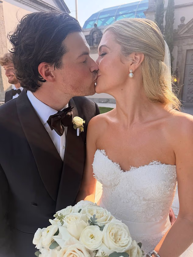 Phoebe Knatchbull and her investment banker husband Leopold Glover shared a sweet kiss after their second wedding in Portugal over the weekend