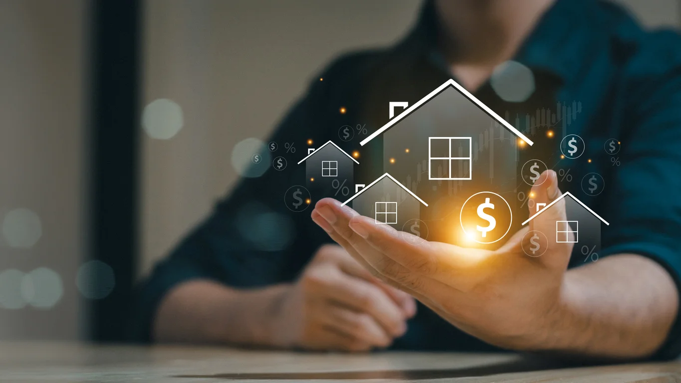 real estate concept business, home insurance and real estate protection. real estate investment concept. buy and sell houses and real estate online on a virtual screen.