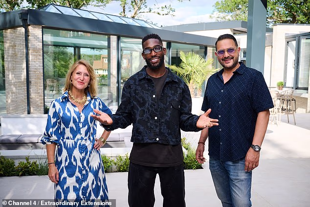 Care home entrepreneurs Naz and Alicia are the latest couple to feature on Channel 4's Extraordinary Extensions, presented by rapper Tinie Tempah (pictured, centre)
