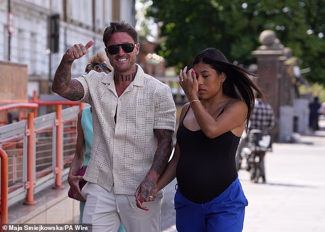 Disgraced reality star Stephen Bear was joined by his pregnant teenage wife Miami, 19, as he entered court to admit breaching his sex offenders register requirements