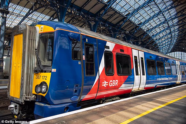 A Southern train service with new Great British Railways branding at Brighton station in May