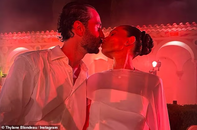 Thylane Blondeau has revealed a glimpse of her secret third wedding dress as she kissed her DJ husband Ben Attal in sweet Instagram snap from their South of France nuptials