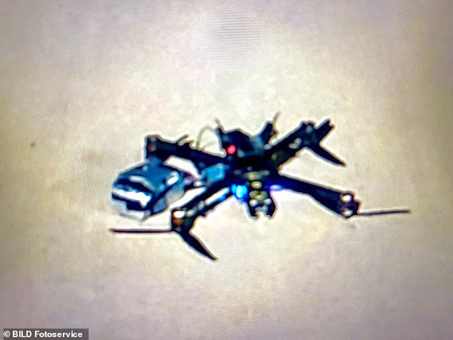The drone (pictured) with explosives was found at Germany's Leipzig Halle Airport and the device was defused, authorities said Wednesday