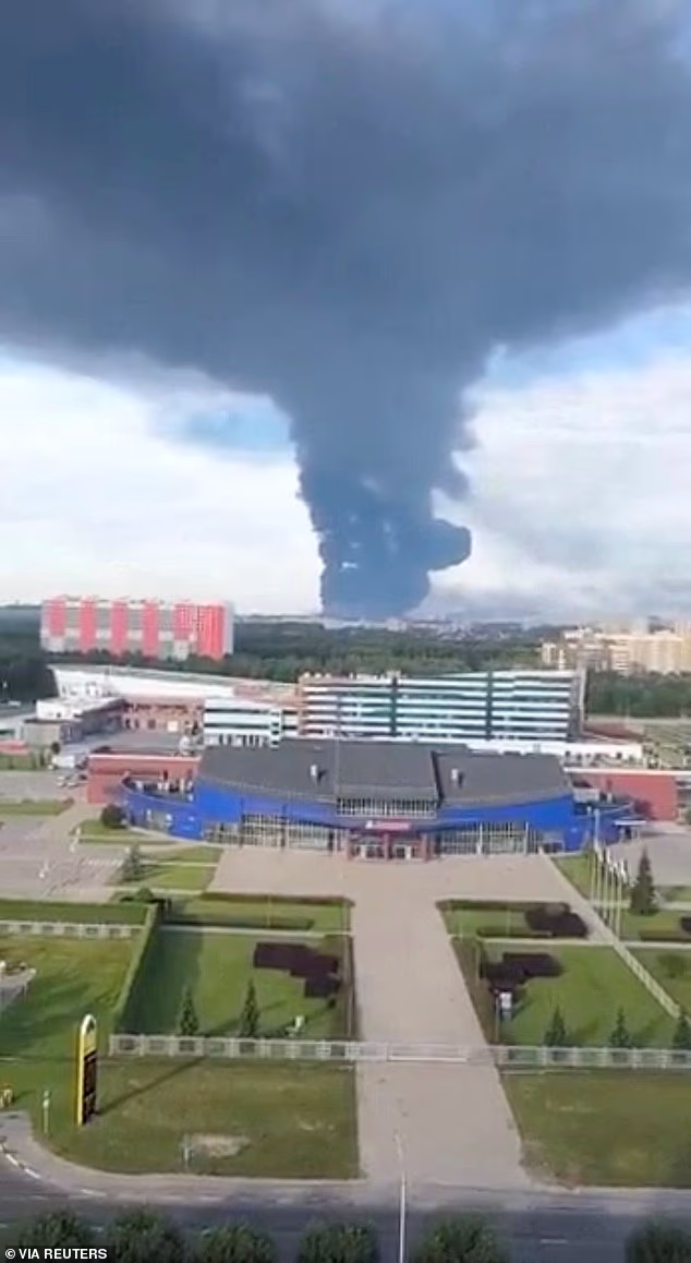 Smoke is seen rising after a Ukrainian drone attack on an oil refinery in Yaroslavl